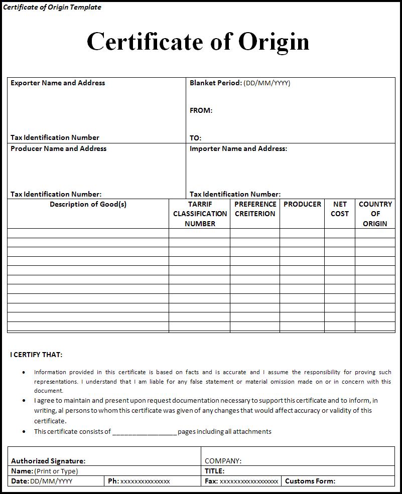 certificate of origin